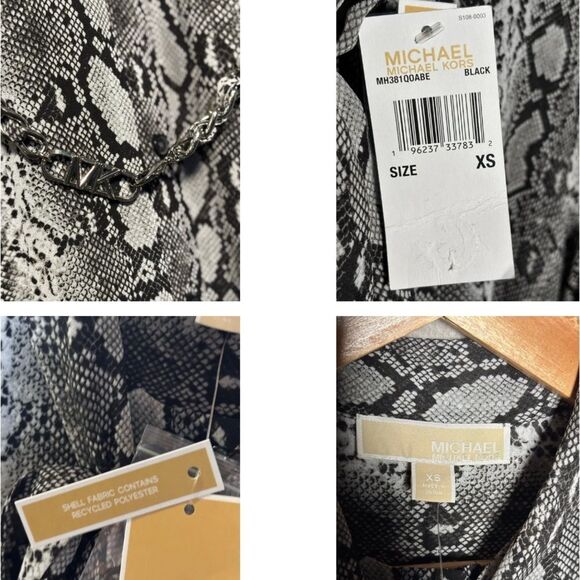 NWT Michael Kors XS Snakeskin Print Midi Dress Tie Neck Belted Ruffle Hem - Picture 7 of 8